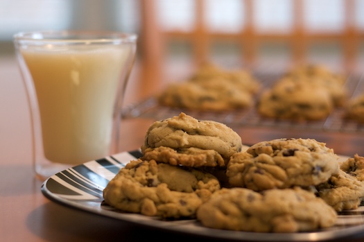 chocolate chip cookies and milk. Thick and Chewy Chocolate Chip